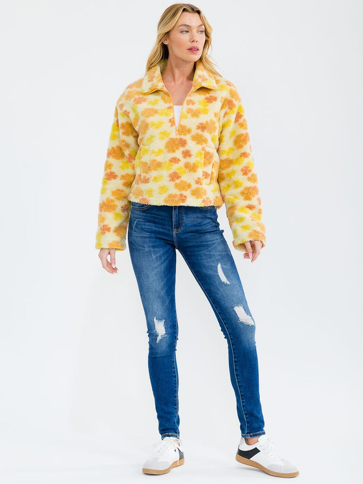 WOMEN'S LONG SLEEVE ZIP UP FRONT POCKETS FLORAL SHERPA PULLOVER SWEATER