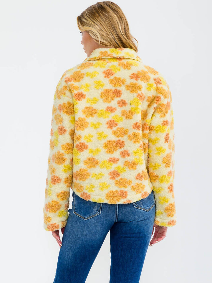 WOMEN'S LONG SLEEVE ZIP UP FRONT POCKETS FLORAL SHERPA PULLOVER SWEATER