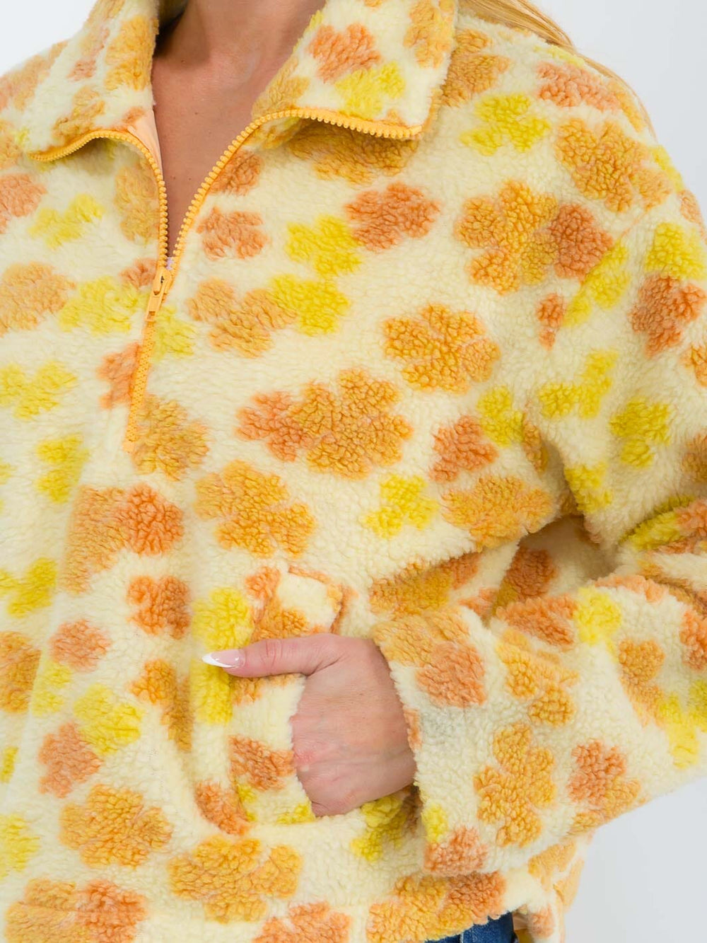 WOMEN'S LONG SLEEVE ZIP UP FRONT POCKETS FLORAL SHERPA PULLOVER SWEATER