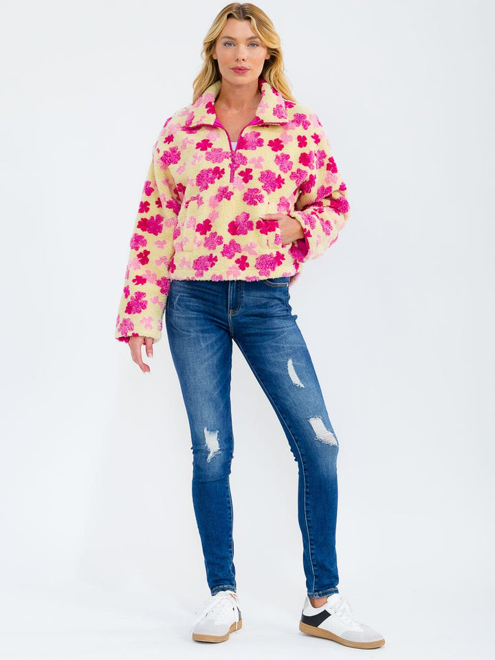 WOMEN'S LONG SLEEVE ZIP UP FRONT POCKETS FLORAL SHERPA PULLOVER SWEATER