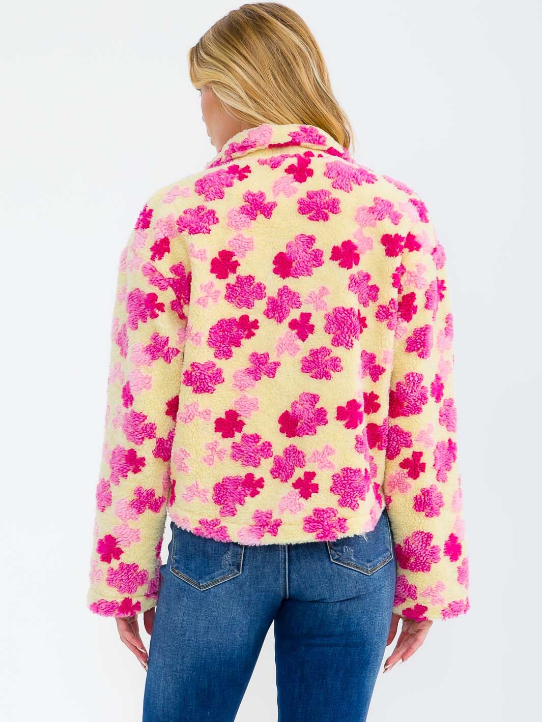 WOMEN'S LONG SLEEVE ZIP UP FRONT POCKETS FLORAL SHERPA PULLOVER SWEATER