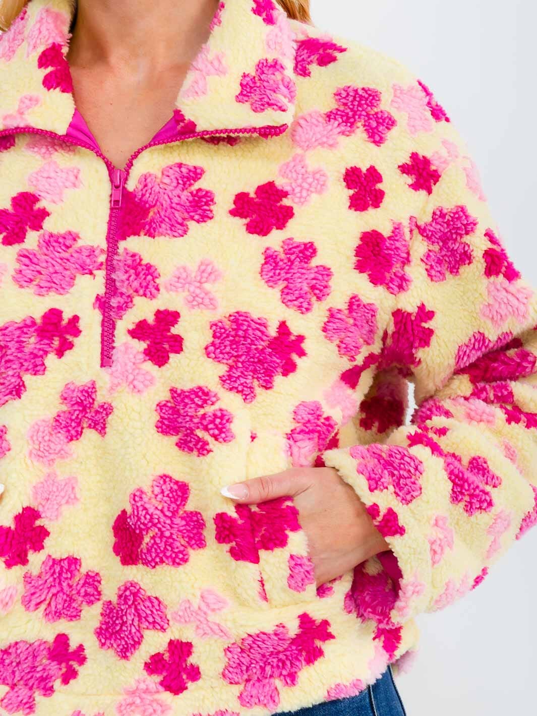 WOMEN'S LONG SLEEVE ZIP UP FRONT POCKETS FLORAL SHERPA PULLOVER SWEATER