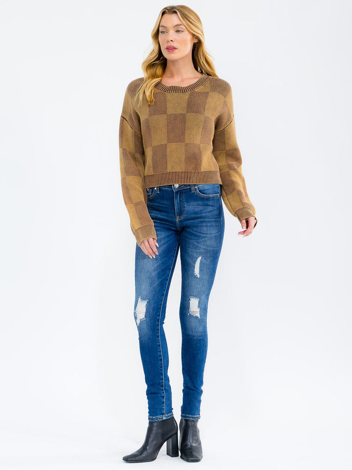 WOMEN'S LONG SLEEVE CHECKER PRINT PULLOVER SWEATER