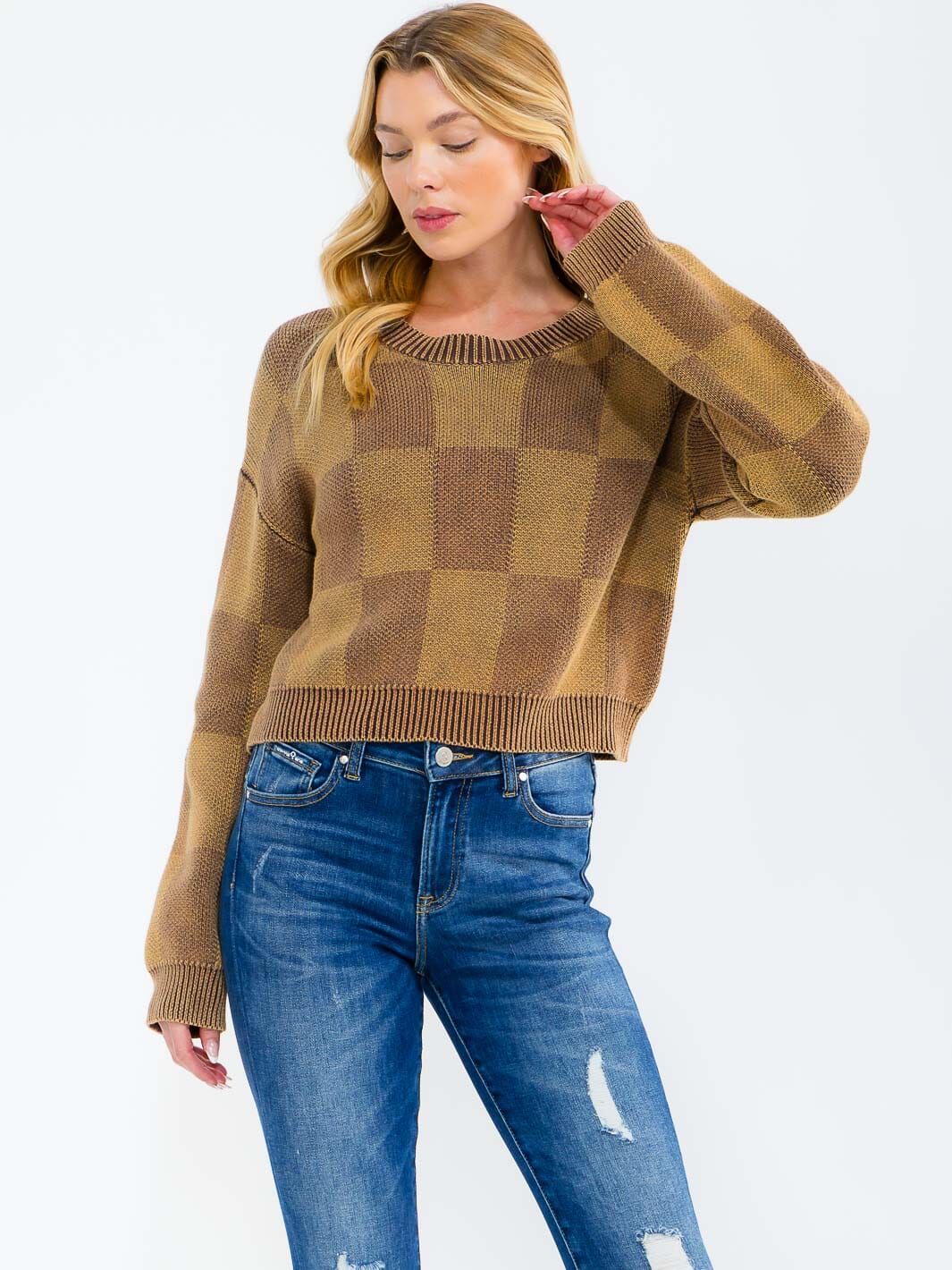 WOMEN'S LONG SLEEVE CHECKER PRINT PULLOVER SWEATER