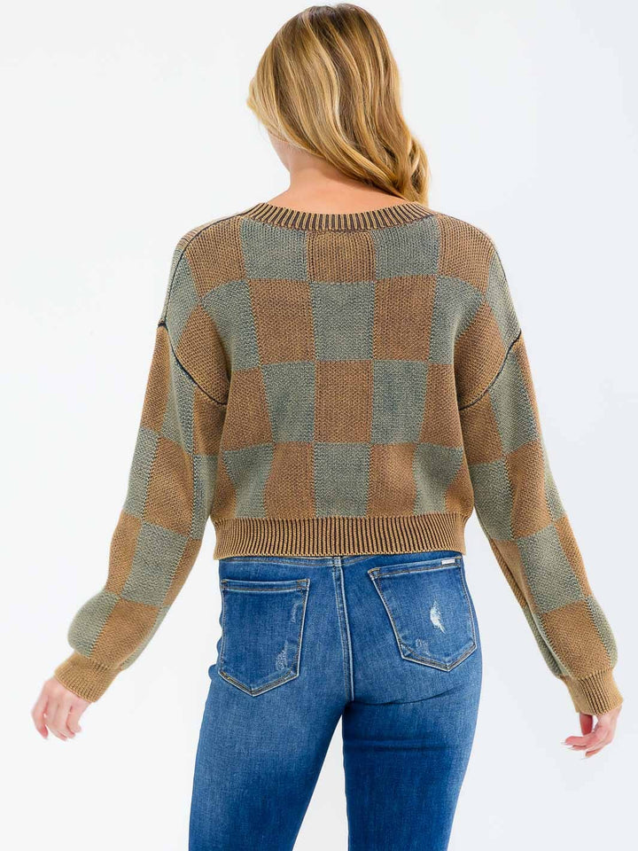 WOMEN'S LONG SLEEVE CHECKER PRINT PULLOVER SWEATER