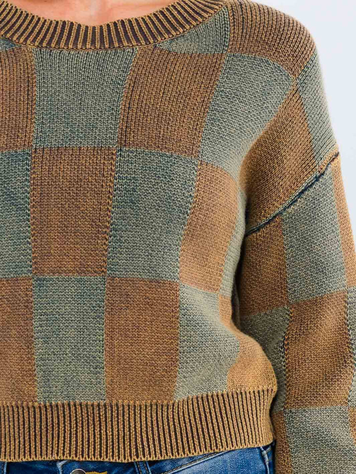 WOMEN'S LONG SLEEVE CHECKER PRINT PULLOVER SWEATER