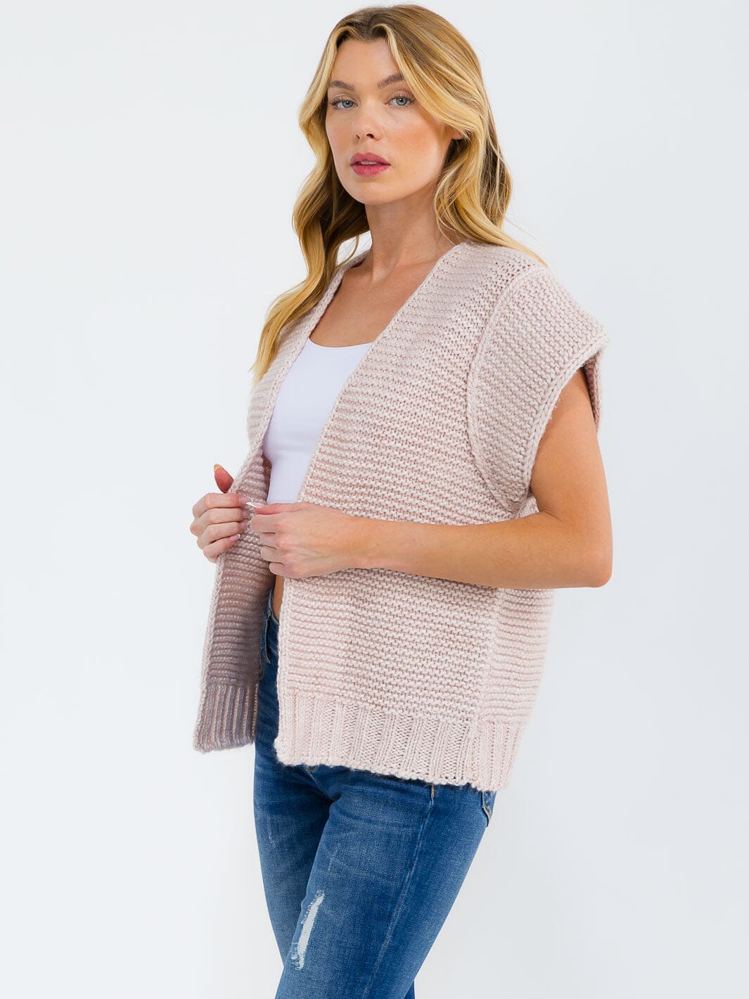 WOMEN'S SHORT SLEEVE OPEN FRONT KNIT CARDIGAN