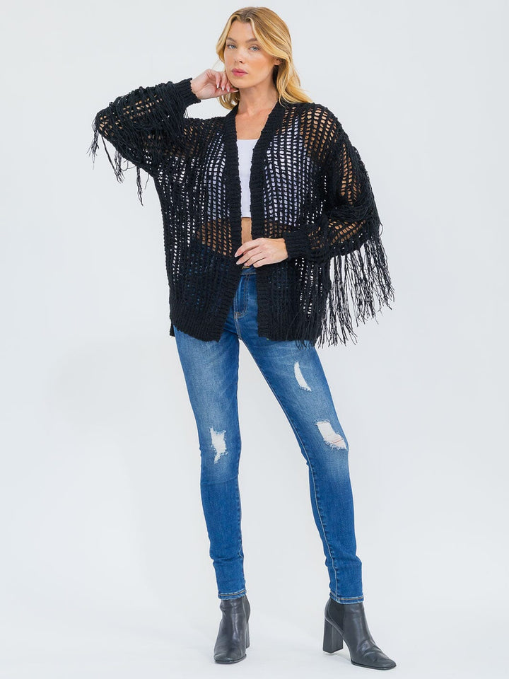 WOMEN'S LONG SLEEVE OPEN FRONT FRINGE KNIT CARDIGAN