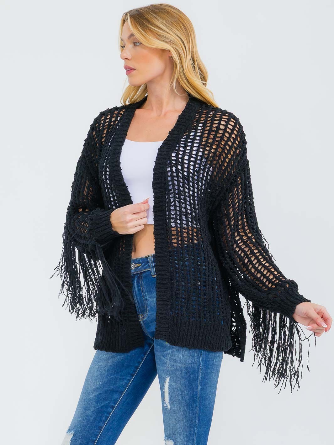 WOMEN'S LONG SLEEVE OPEN FRONT FRINGE KNIT CARDIGAN
