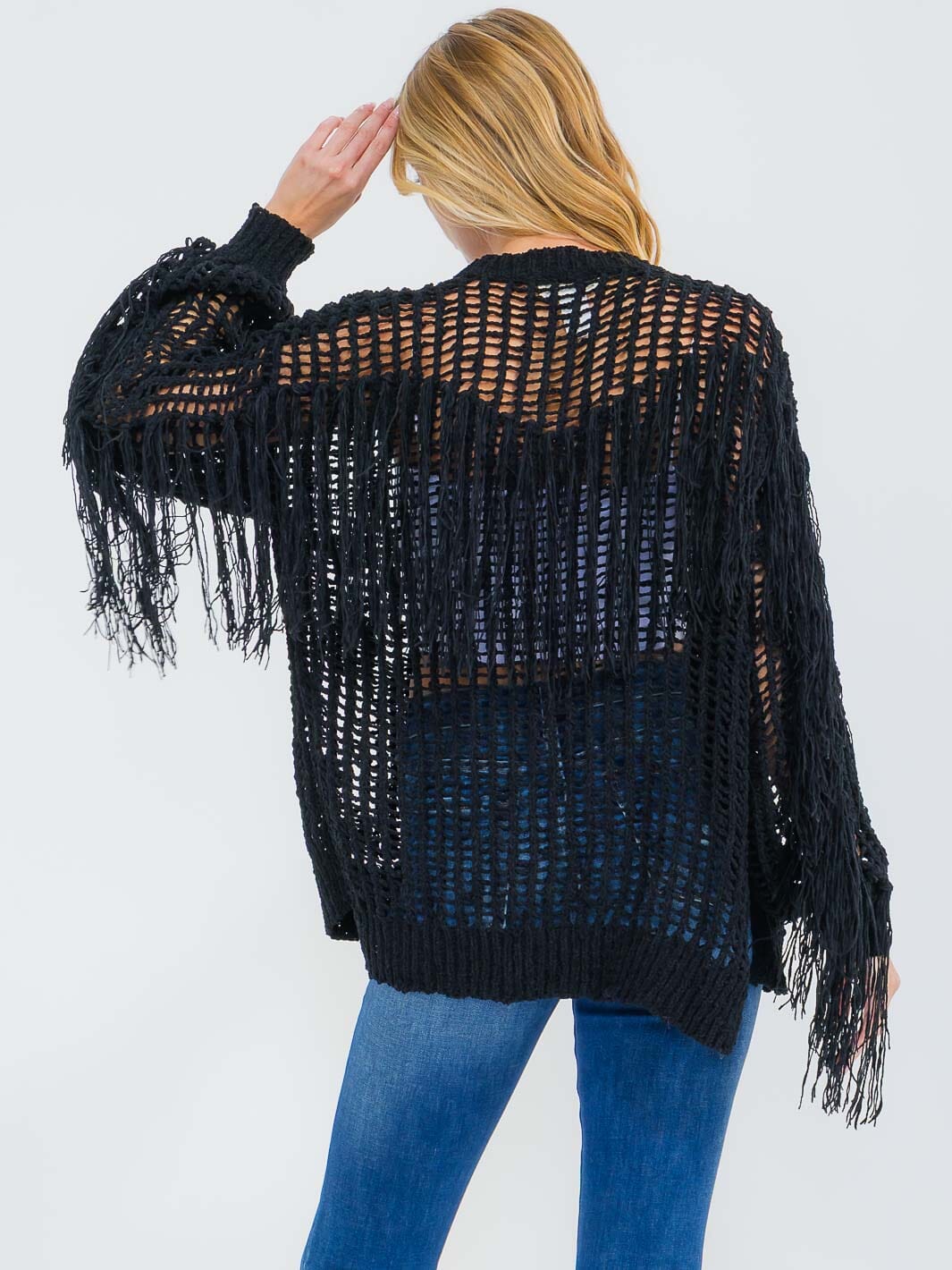 WOMEN'S LONG SLEEVE OPEN FRONT FRINGE KNIT CARDIGAN