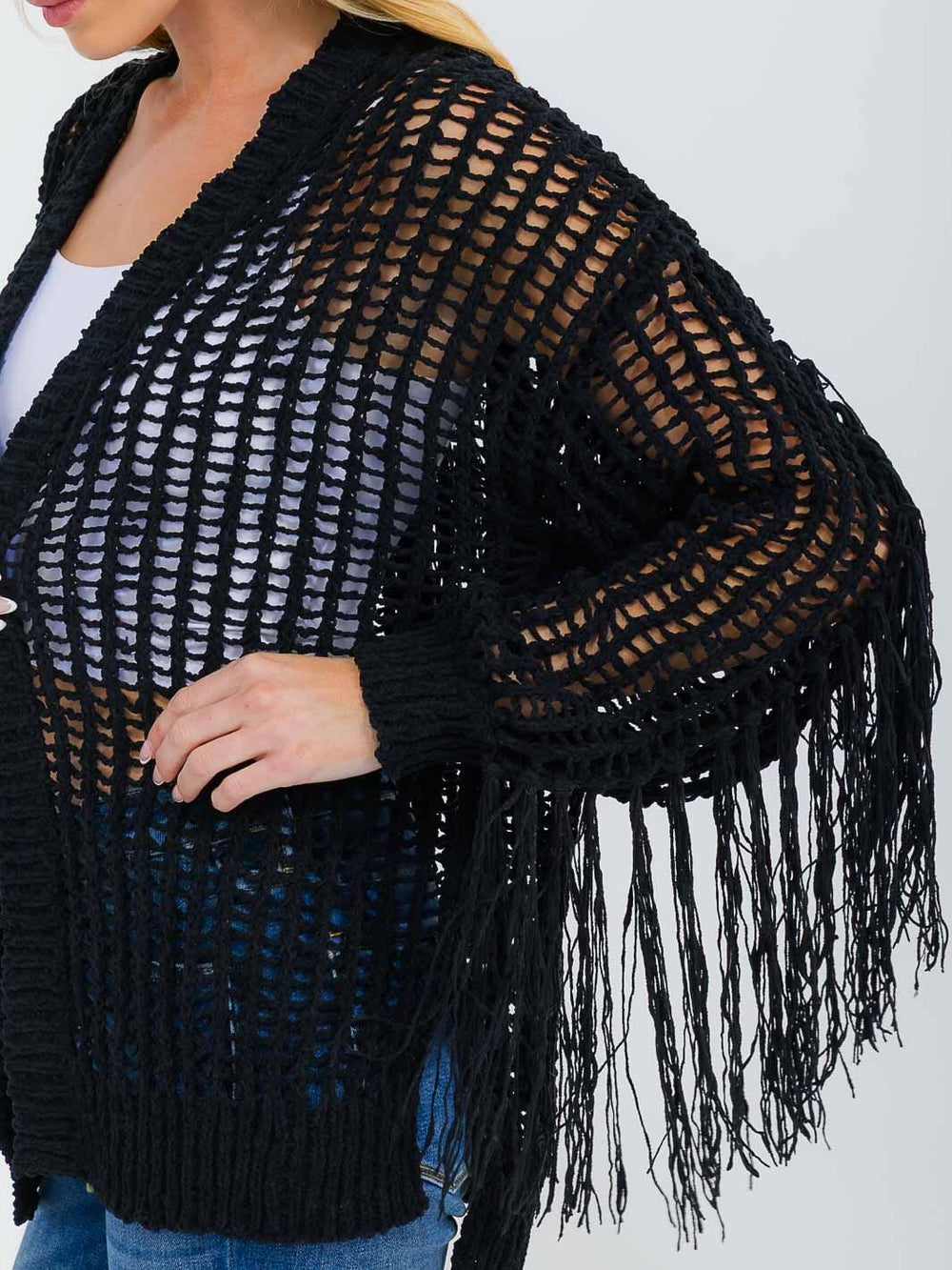WOMEN'S LONG SLEEVE OPEN FRONT FRINGE KNIT CARDIGAN