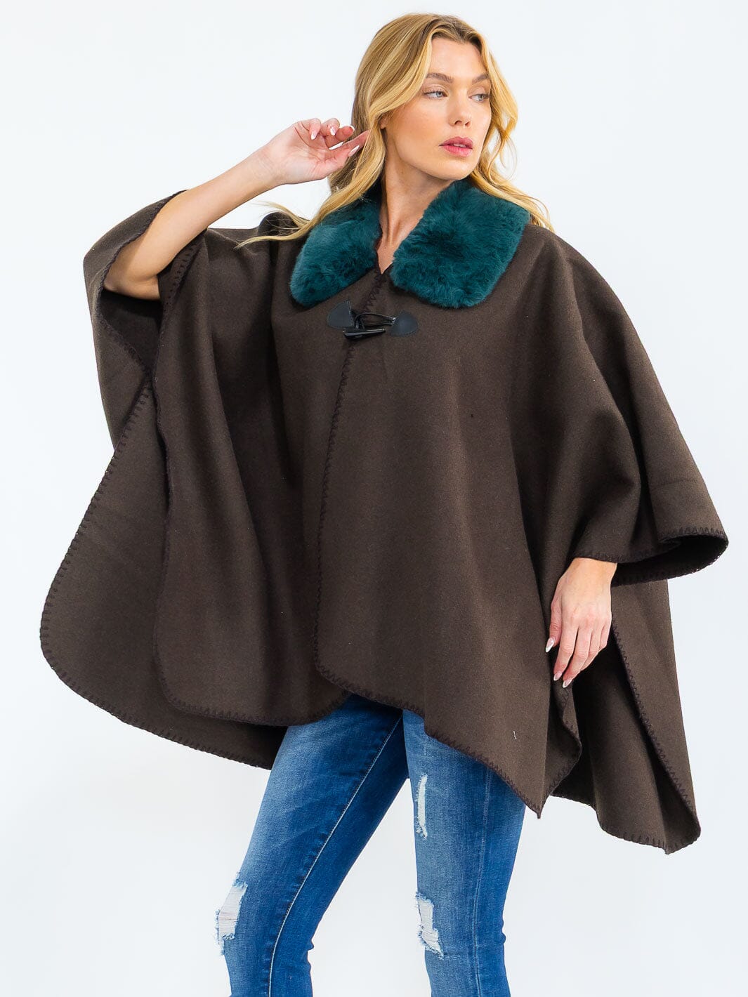DO NOT UPLOAD****WOMEN'S BUTTON CLOSURE FAUX FUR COLLAR WRAP PONCHO