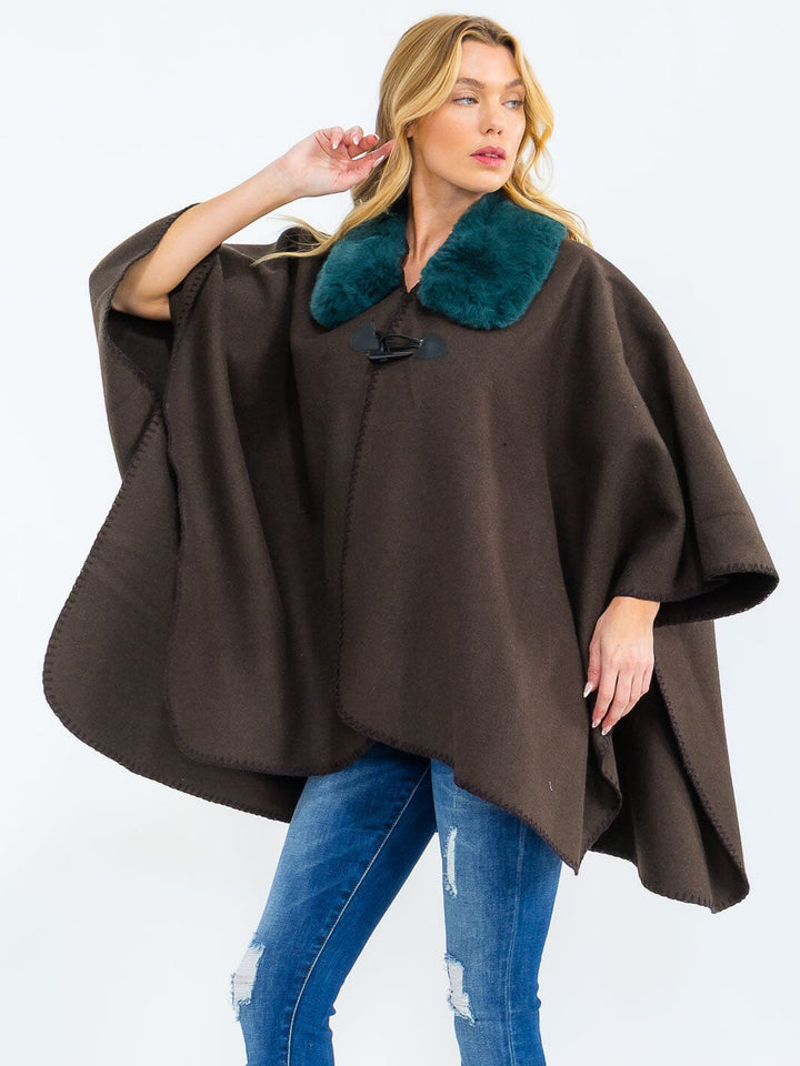 DO NOT UPLOAD****WOMEN'S BUTTON CLOSURE FAUX FUR COLLAR WRAP PONCHO