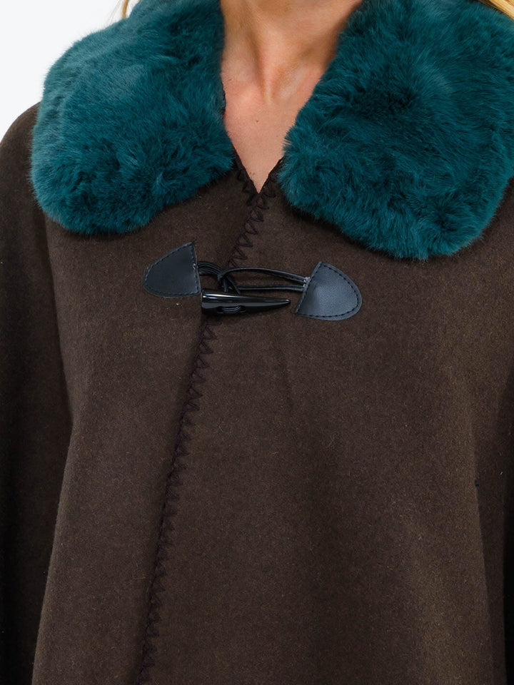 DO NOT UPLOAD****WOMEN'S BUTTON CLOSURE FAUX FUR COLLAR WRAP PONCHO
