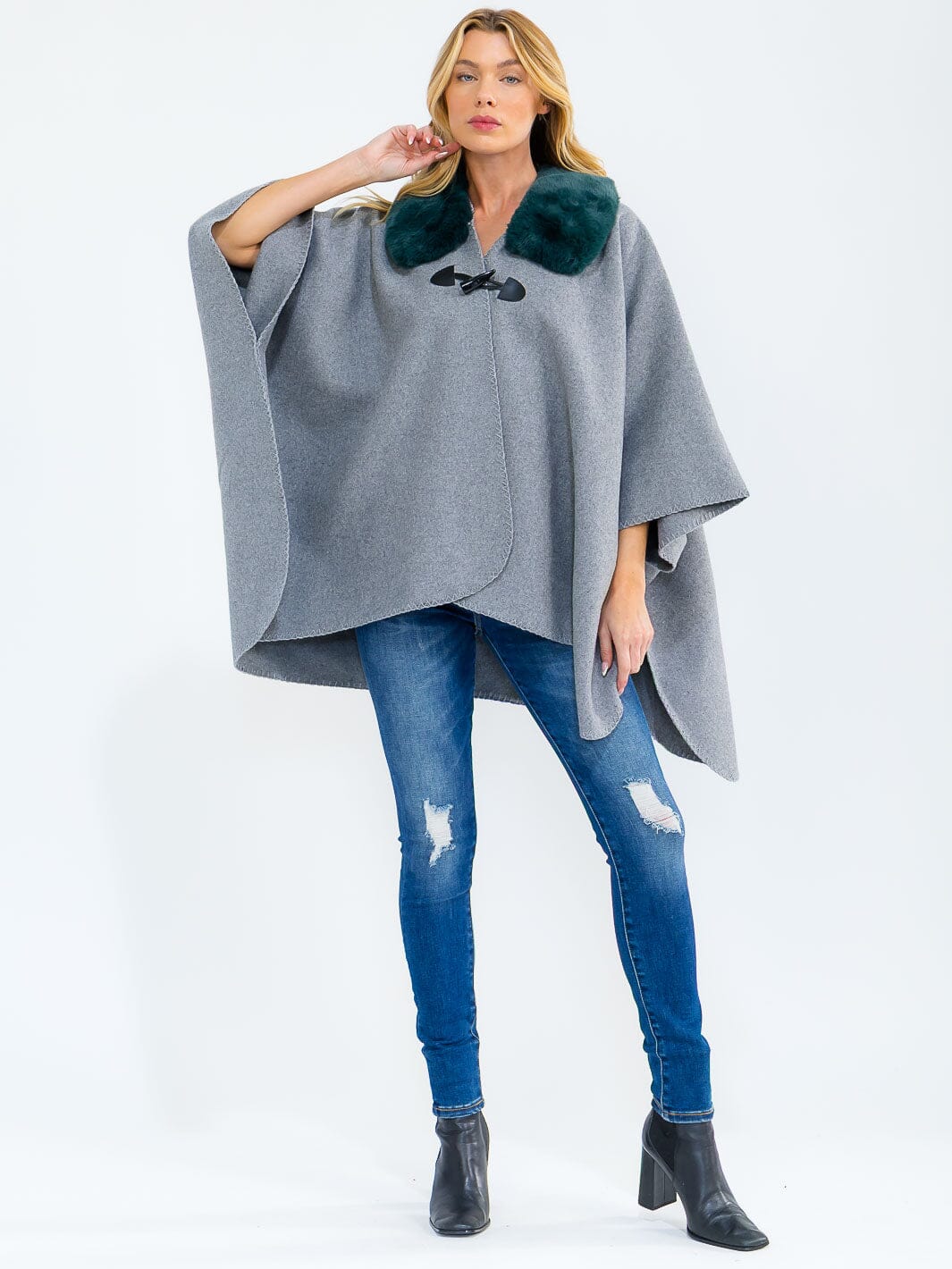 DO NOT UPLOAD****WOMEN'S BUTTON CLOSURE FAUX FUR COLLAR WRAP PONCHO