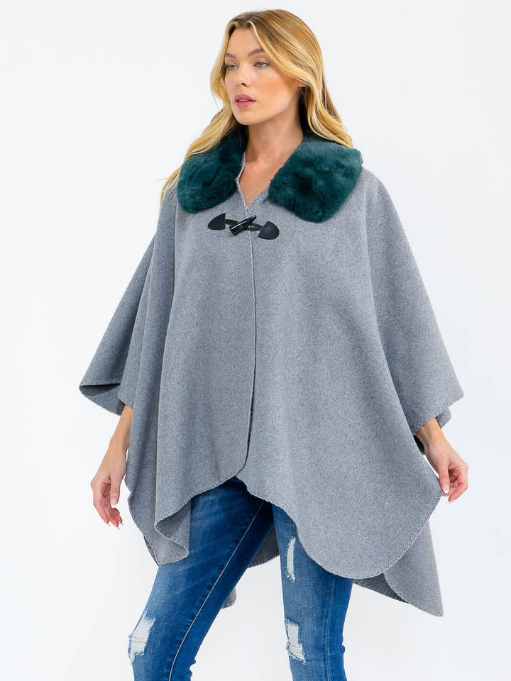 DO NOT UPLOAD****WOMEN'S BUTTON CLOSURE FAUX FUR COLLAR WRAP PONCHO