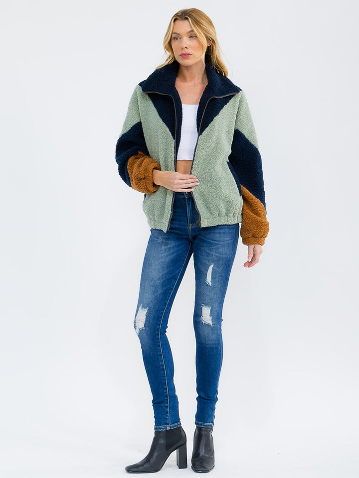 WOMEN'S LONG SLEEVE ZIPPER CLOSURE FRONT POCKETS COLORBLOCK SHERPA JACKET