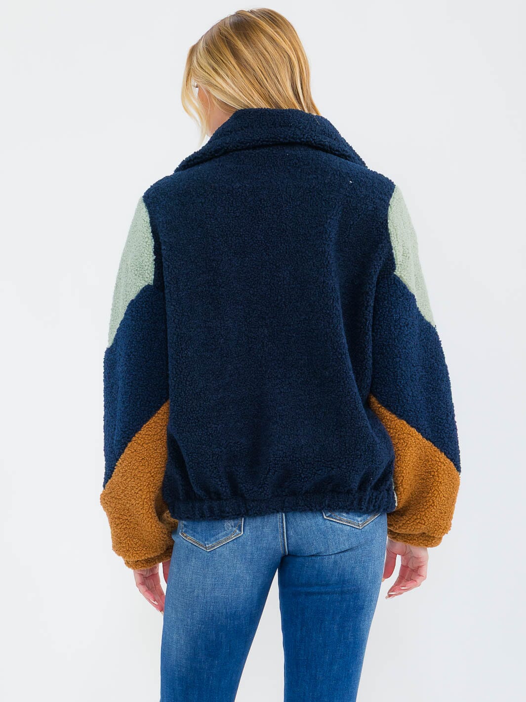 WOMEN'S LONG SLEEVE ZIPPER CLOSURE FRONT POCKETS COLORBLOCK SHERPA JACKET