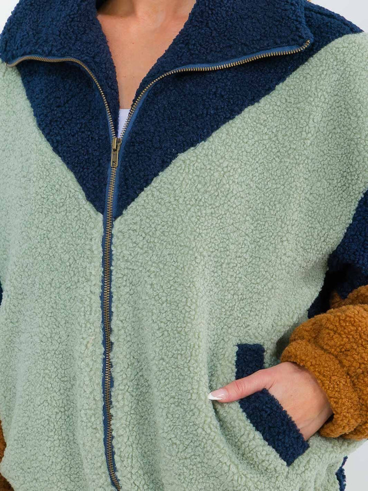 WOMEN'S LONG SLEEVE ZIPPER CLOSURE FRONT POCKETS COLORBLOCK SHERPA JACKET