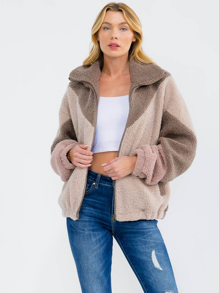 WOMEN'S LONG SLEEVE ZIPPER CLOSURE FRONT POCKETS COLORBLOCK SHERPA JACKET