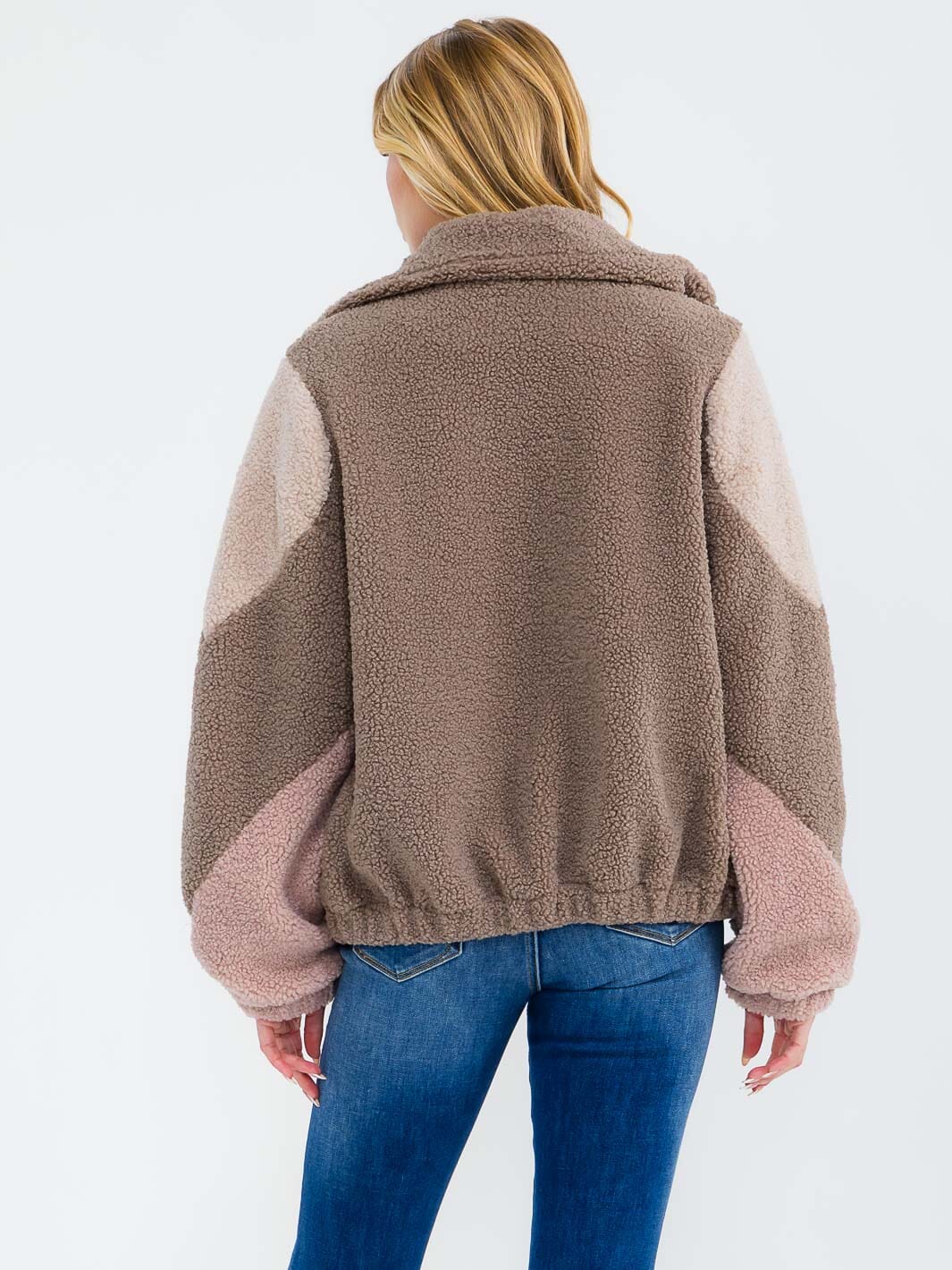 WOMEN'S LONG SLEEVE ZIPPER CLOSURE FRONT POCKETS COLORBLOCK SHERPA JACKET