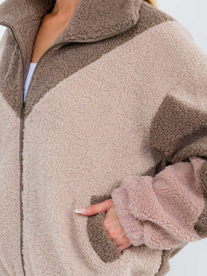 WOMEN'S LONG SLEEVE ZIPPER CLOSURE FRONT POCKETS COLORBLOCK SHERPA JACKET