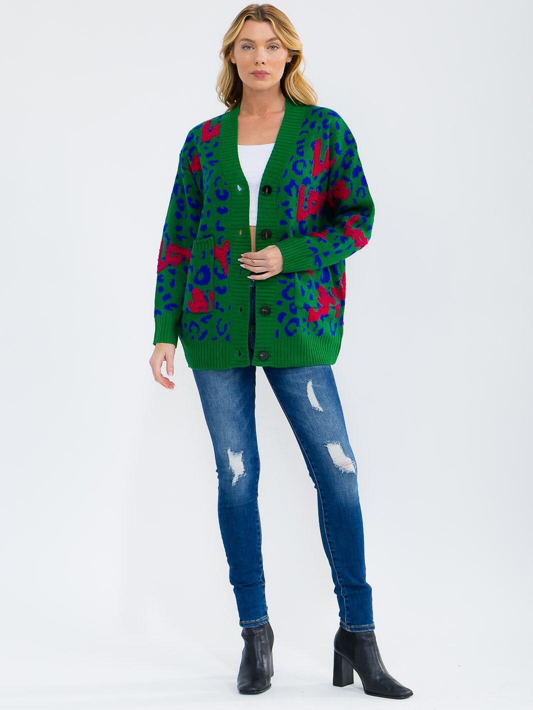 WOMEN'S LONG SLEEVE FRONT POCKETS COLORBLOCK ANIMAL PRINT LOVE CARDIGAN