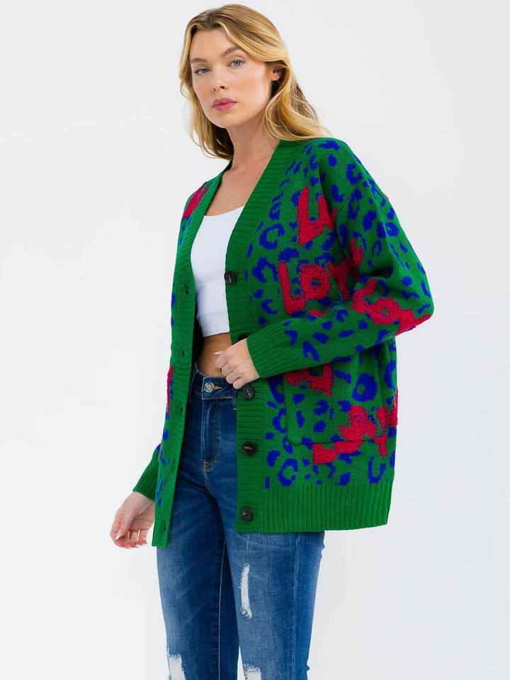 WOMEN'S LONG SLEEVE FRONT POCKETS COLORBLOCK ANIMAL PRINT LOVE CARDIGAN
