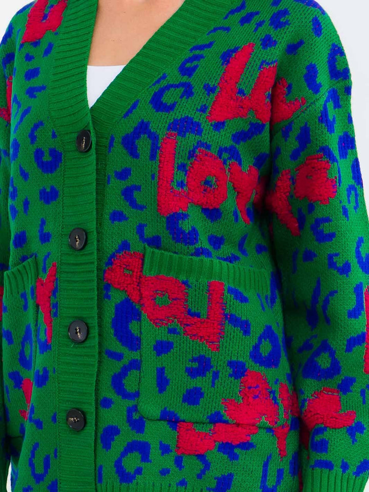 WOMEN'S LONG SLEEVE FRONT POCKETS COLORBLOCK ANIMAL PRINT LOVE CARDIGAN
