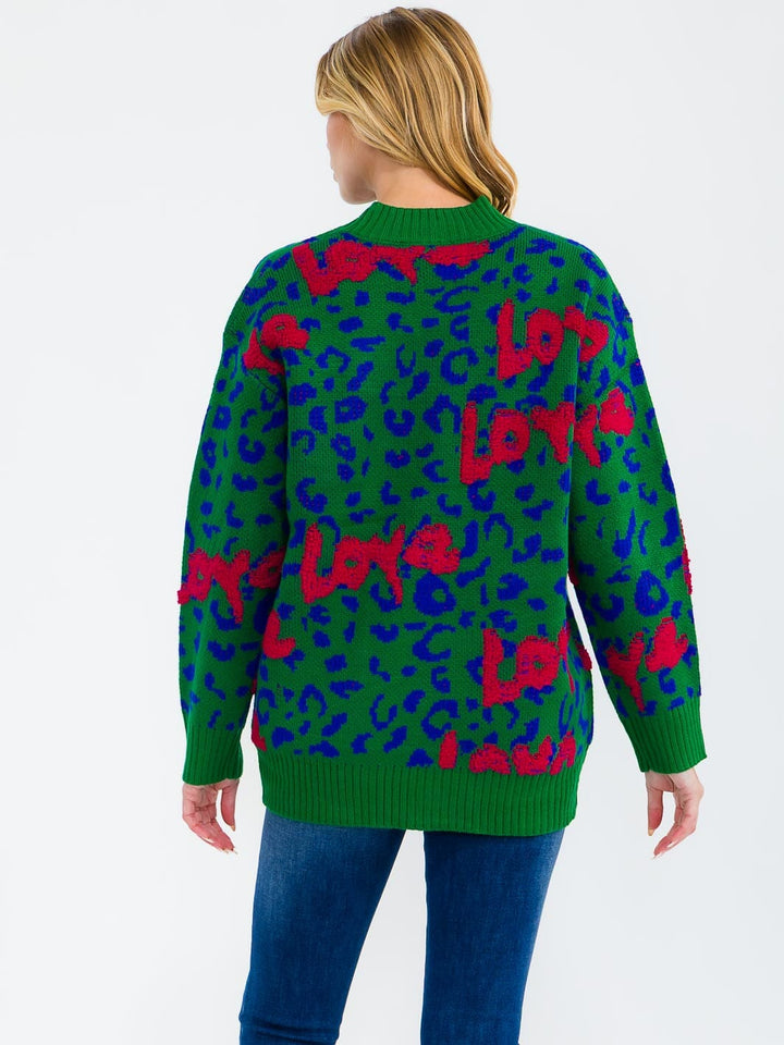 WOMEN'S LONG SLEEVE FRONT POCKETS COLORBLOCK ANIMAL PRINT LOVE CARDIGAN