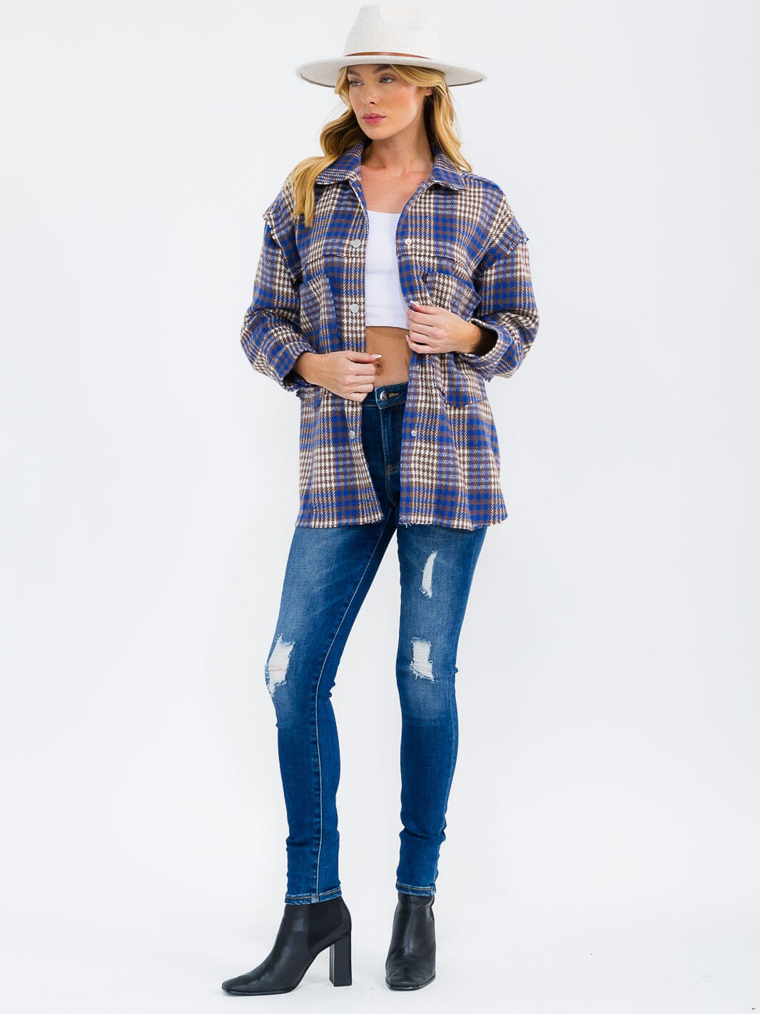 WOMEN'S LONG SLEEVE BUTTON CLOSURE FRONT POCKETS PLAID SHACKET