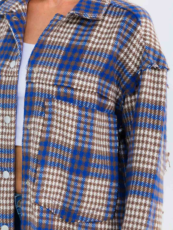WOMEN'S LONG SLEEVE BUTTON CLOSURE FRONT POCKETS PLAID SHACKET