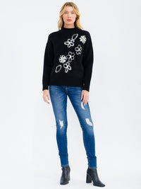 WOMEN'S LONG SLEEVE EMBROIDERY FLOWER PRINT PULLOVER SWEATER