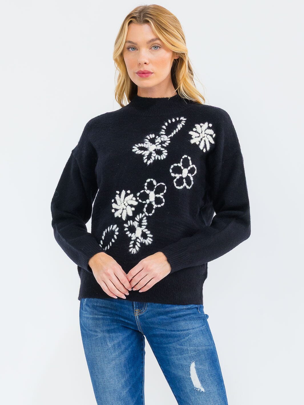 WOMEN'S LONG SLEEVE EMBROIDERY FLOWER PRINT PULLOVER SWEATER