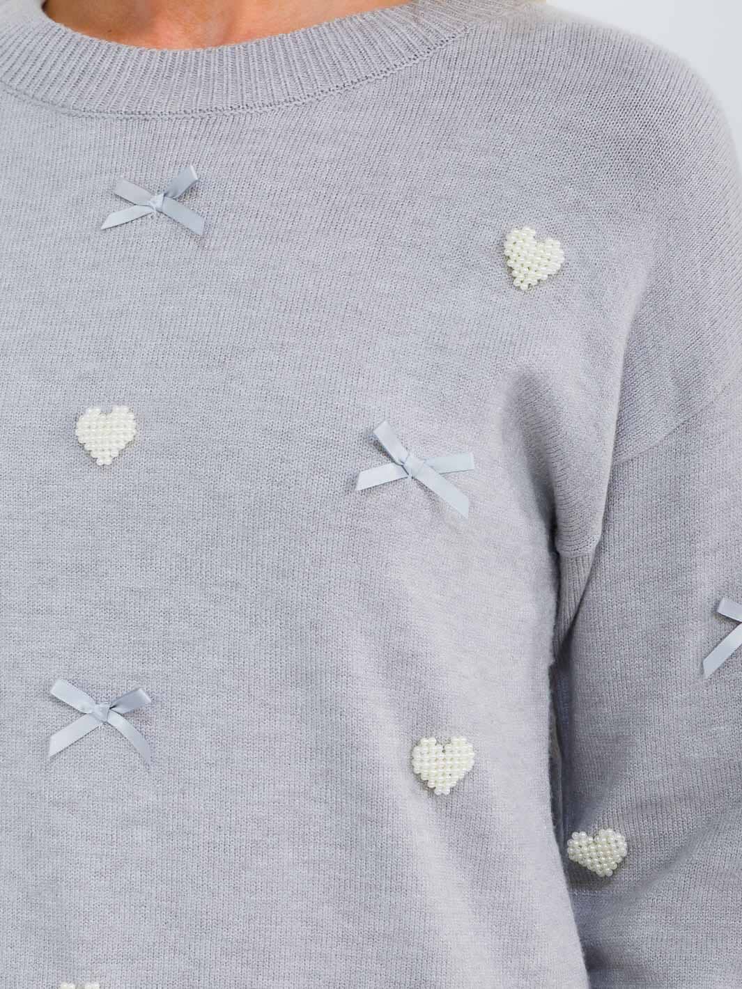 WOMEN'S LONG SLEEVE HEART & BOWS DETAILED PULLOVER SWEATER