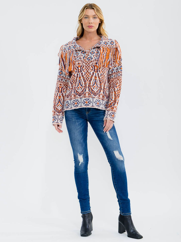 WOMEN'S LONG SLEEVE V-NECK MULTI FRINGE PULLOVER SWEATER