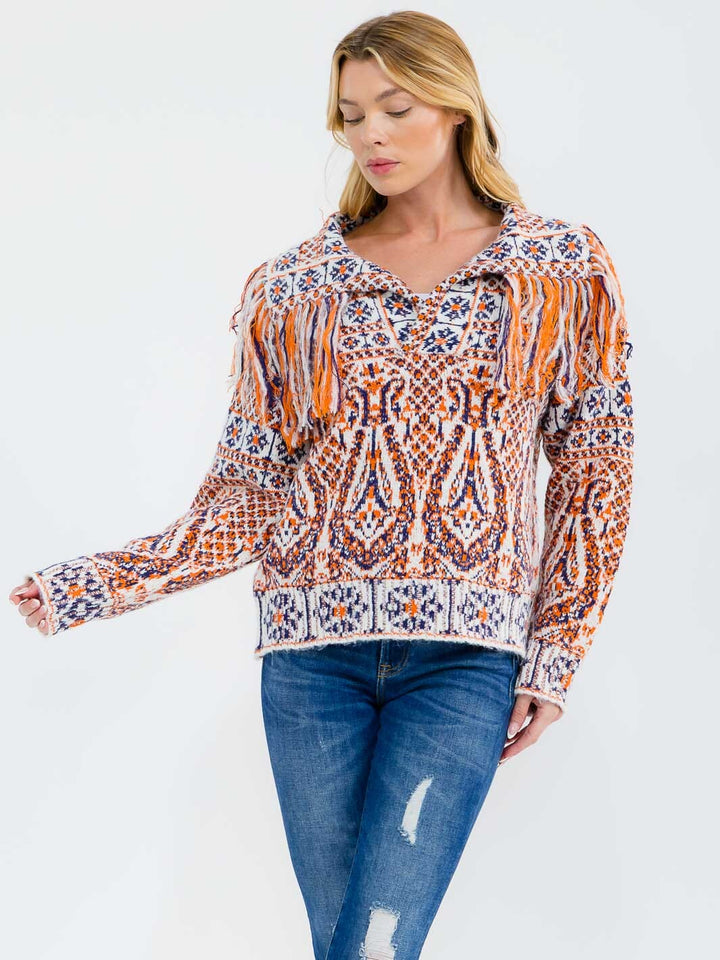 WOMEN'S LONG SLEEVE V-NECK MULTI FRINGE PULLOVER SWEATER