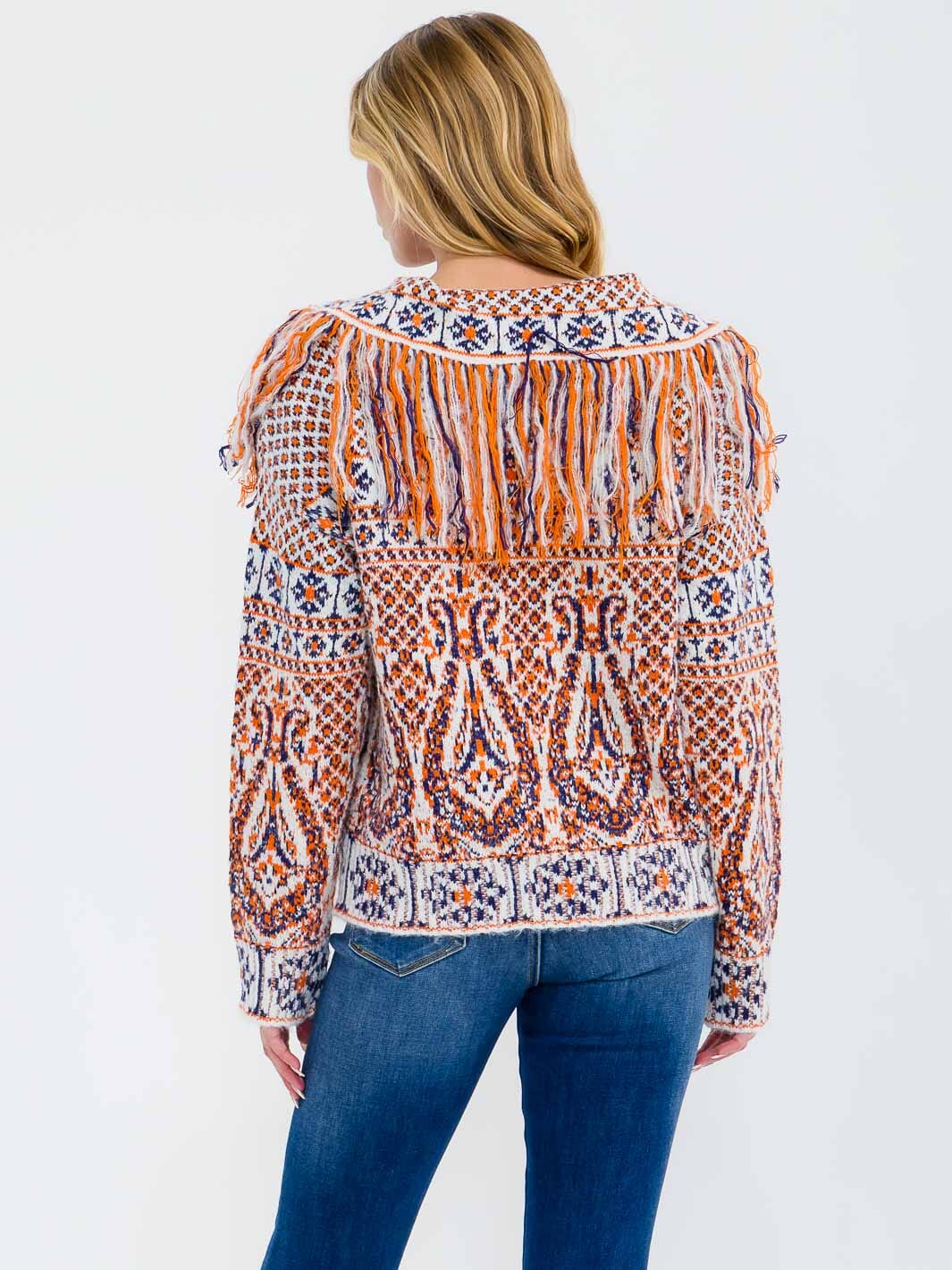 WOMEN'S LONG SLEEVE V-NECK MULTI FRINGE PULLOVER SWEATER