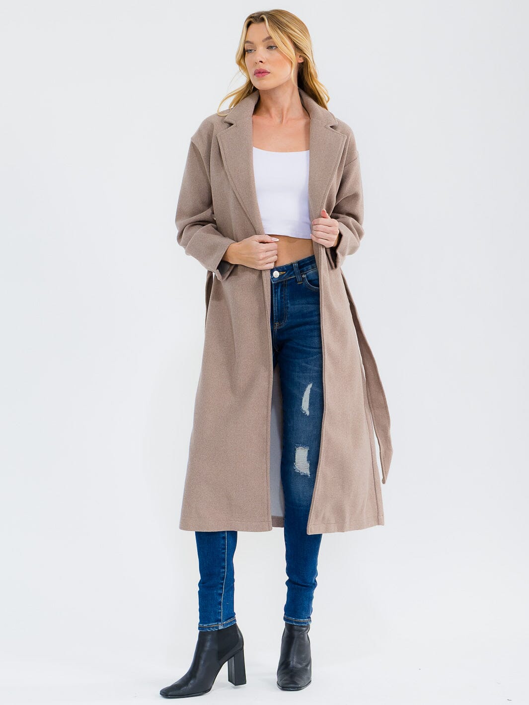 WOMEN'S LONG SLEEVE OPEN FRONT SELF TIE POCKETS COAT