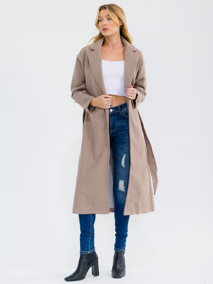 WOMEN'S LONG SLEEVE OPEN FRONT SELF TIE POCKETS COAT