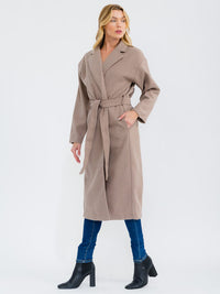 WOMEN'S LONG SLEEVE OPEN FRONT SELF TIE POCKETS COAT