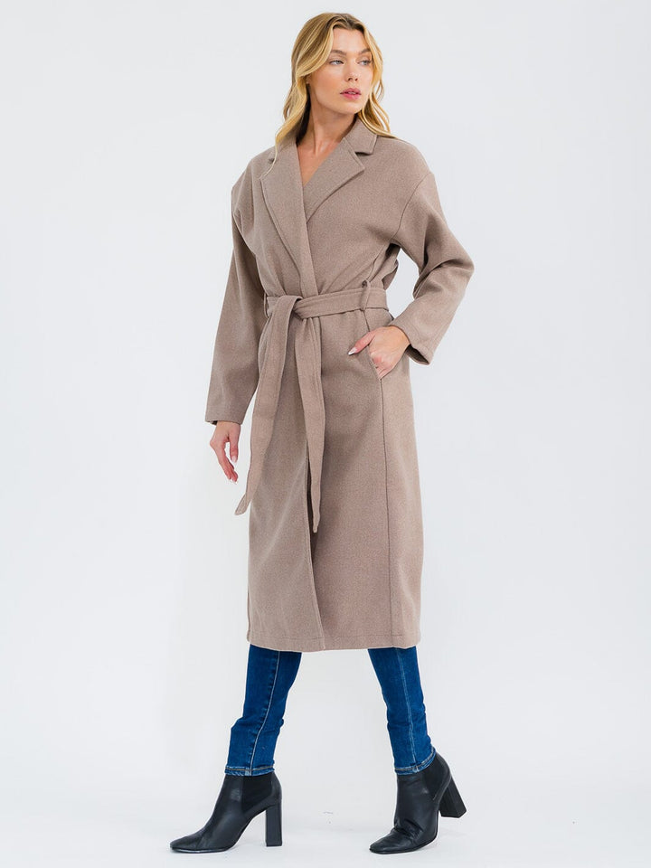 WOMEN'S LONG SLEEVE OPEN FRONT SELF TIE POCKETS COAT