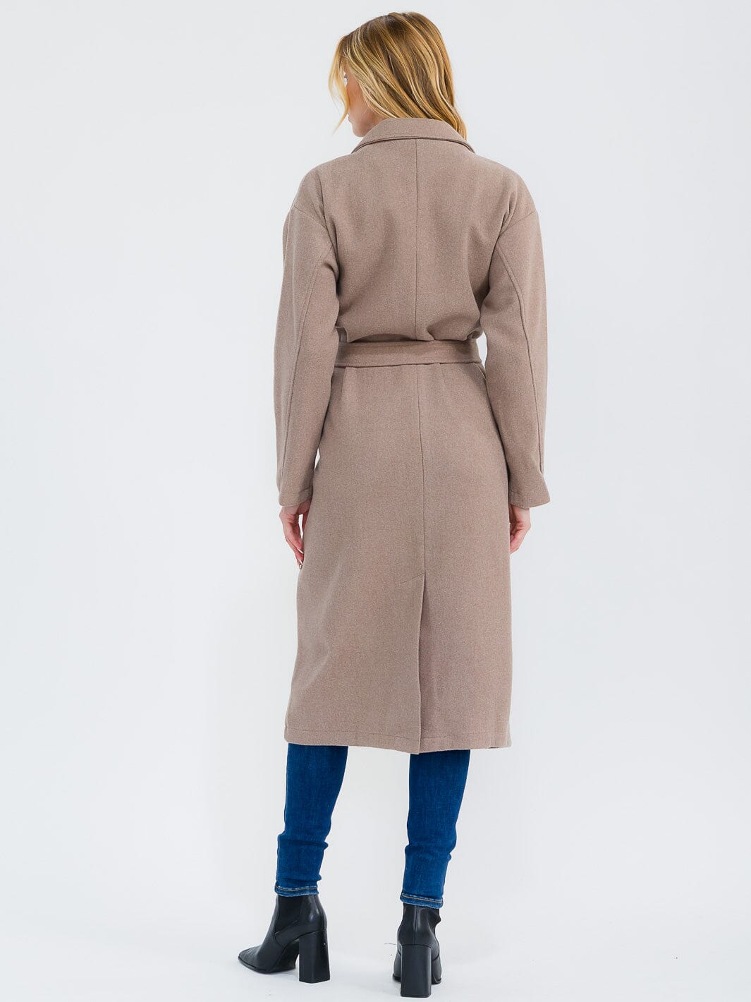 WOMEN'S LONG SLEEVE OPEN FRONT SELF TIE POCKETS COAT