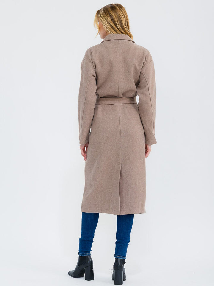 WOMEN'S LONG SLEEVE OPEN FRONT SELF TIE POCKETS COAT