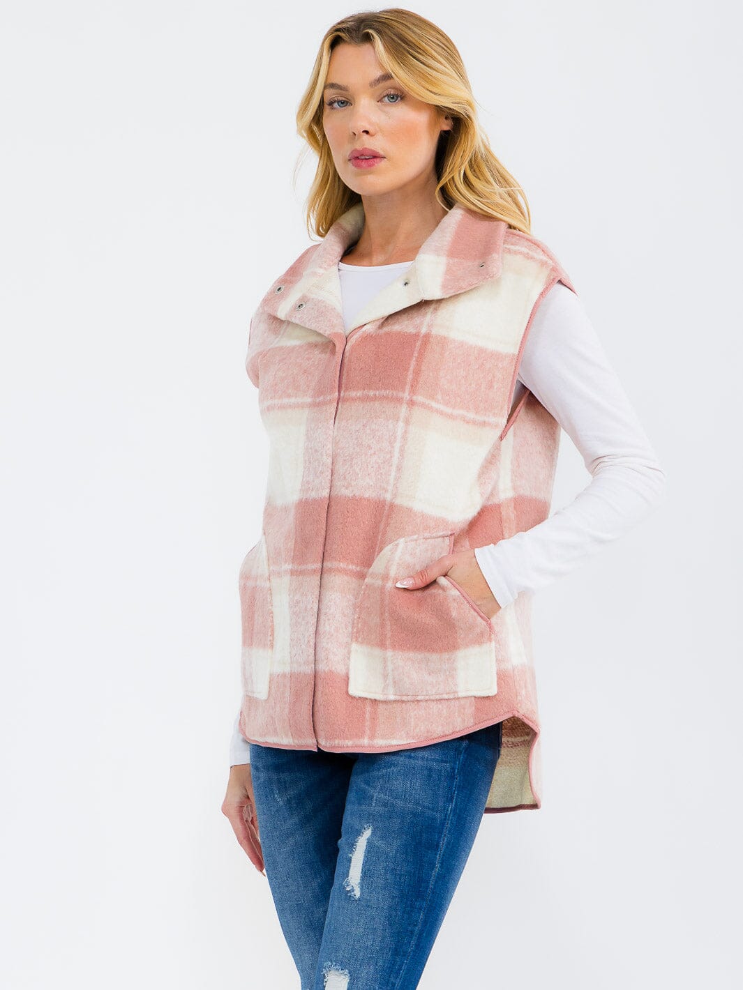 WOMEN'S SLEEVELESS BUTTON CLOSURE FRONT POCKETS HIGH-LOW PLAID VEST