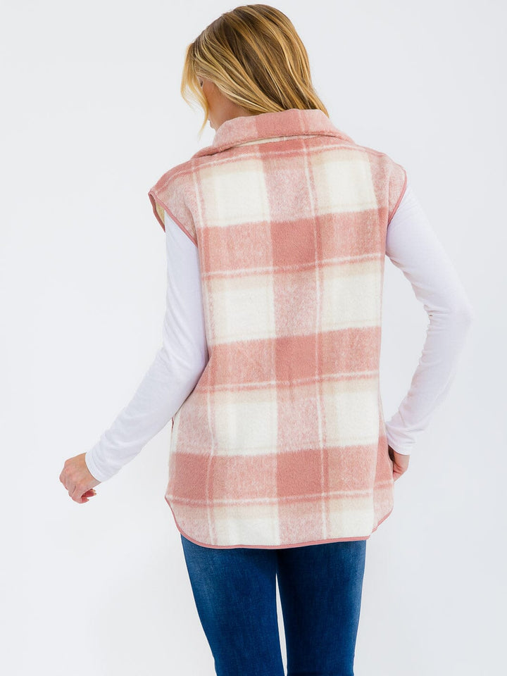 WOMEN'S SLEEVELESS BUTTON CLOSURE FRONT POCKETS HIGH-LOW PLAID VEST