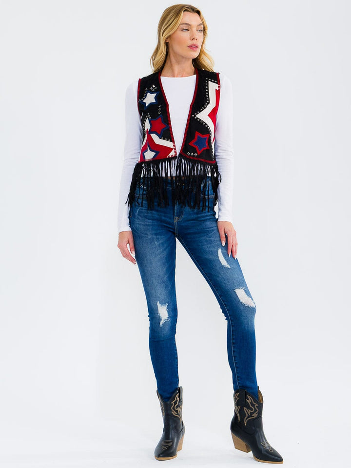 WOMEN'S SLEEVELESS OPEN FRONT EMBROIDERY PRINT FRINGE SUEDE VEST