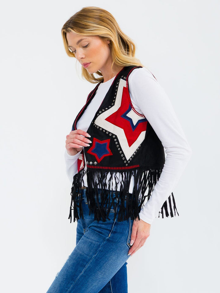 WOMEN'S SLEEVELESS OPEN FRONT EMBROIDERY PRINT FRINGE SUEDE VEST