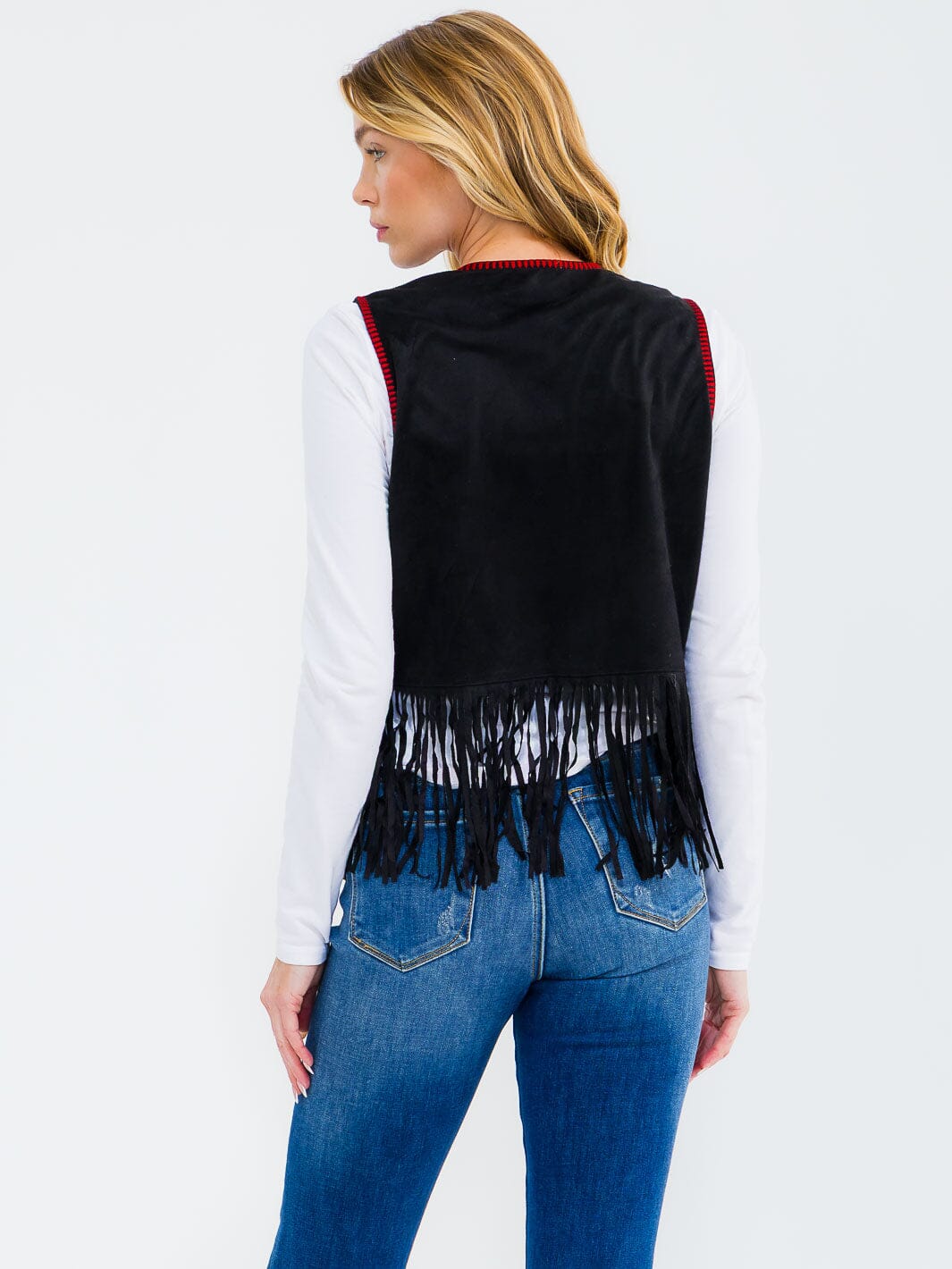 WOMEN'S SLEEVELESS OPEN FRONT EMBROIDERY PRINT FRINGE SUEDE VEST
