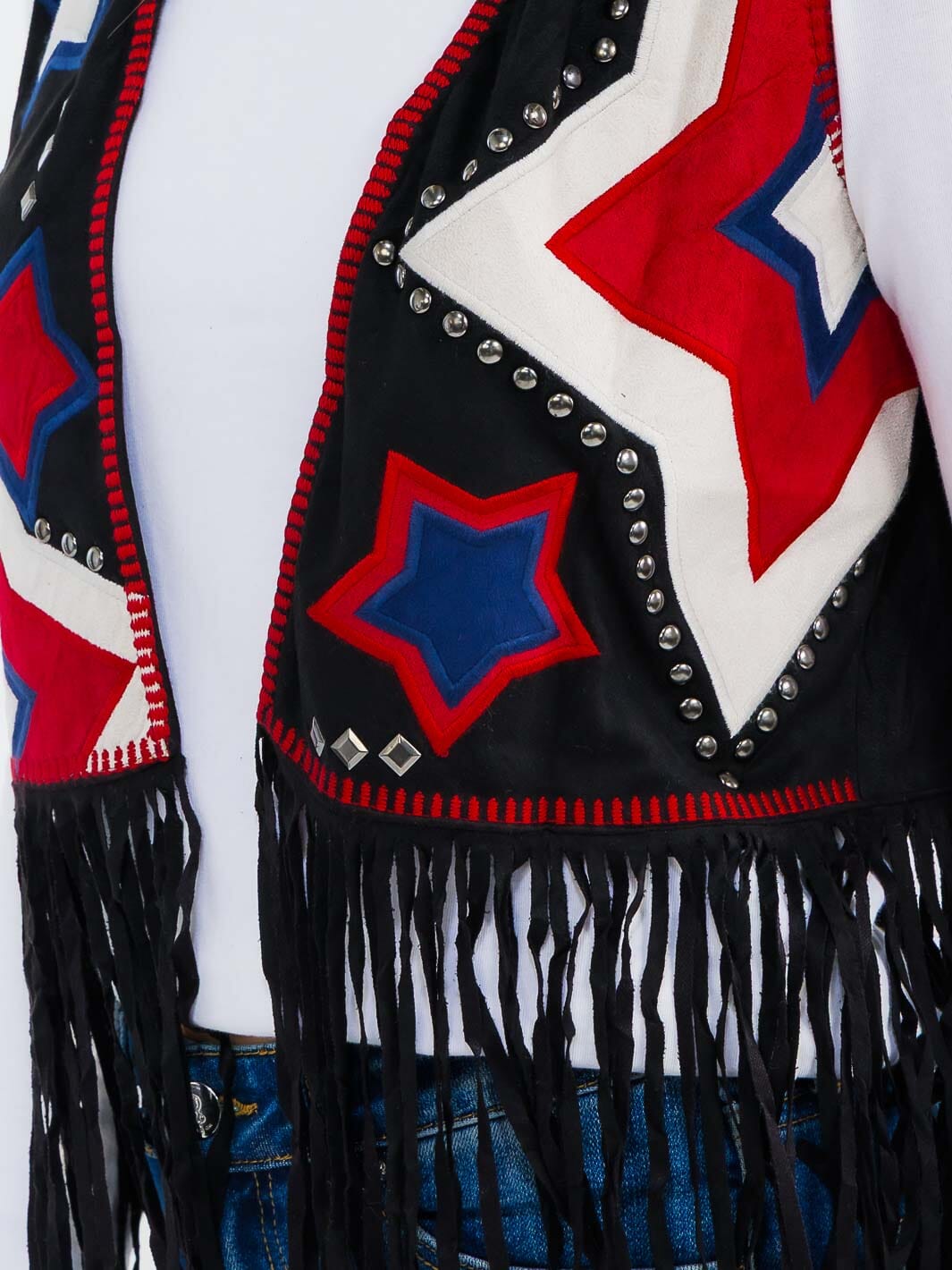 WOMEN'S SLEEVELESS OPEN FRONT EMBROIDERY PRINT FRINGE SUEDE VEST